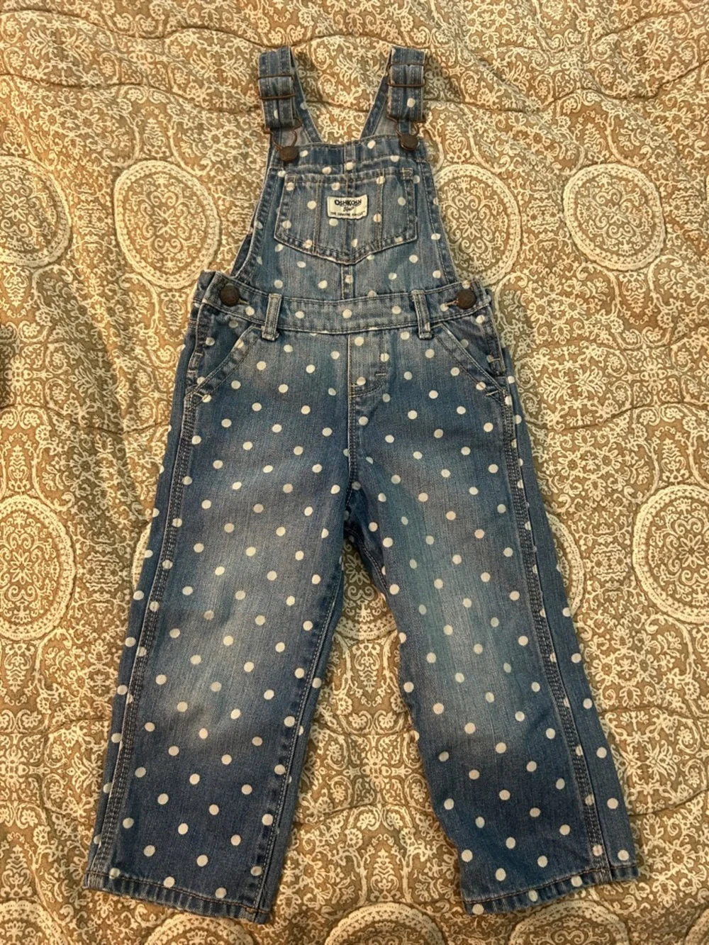 OshKosh B'gosh White Polka Dot Denim Overalls, Size 2T